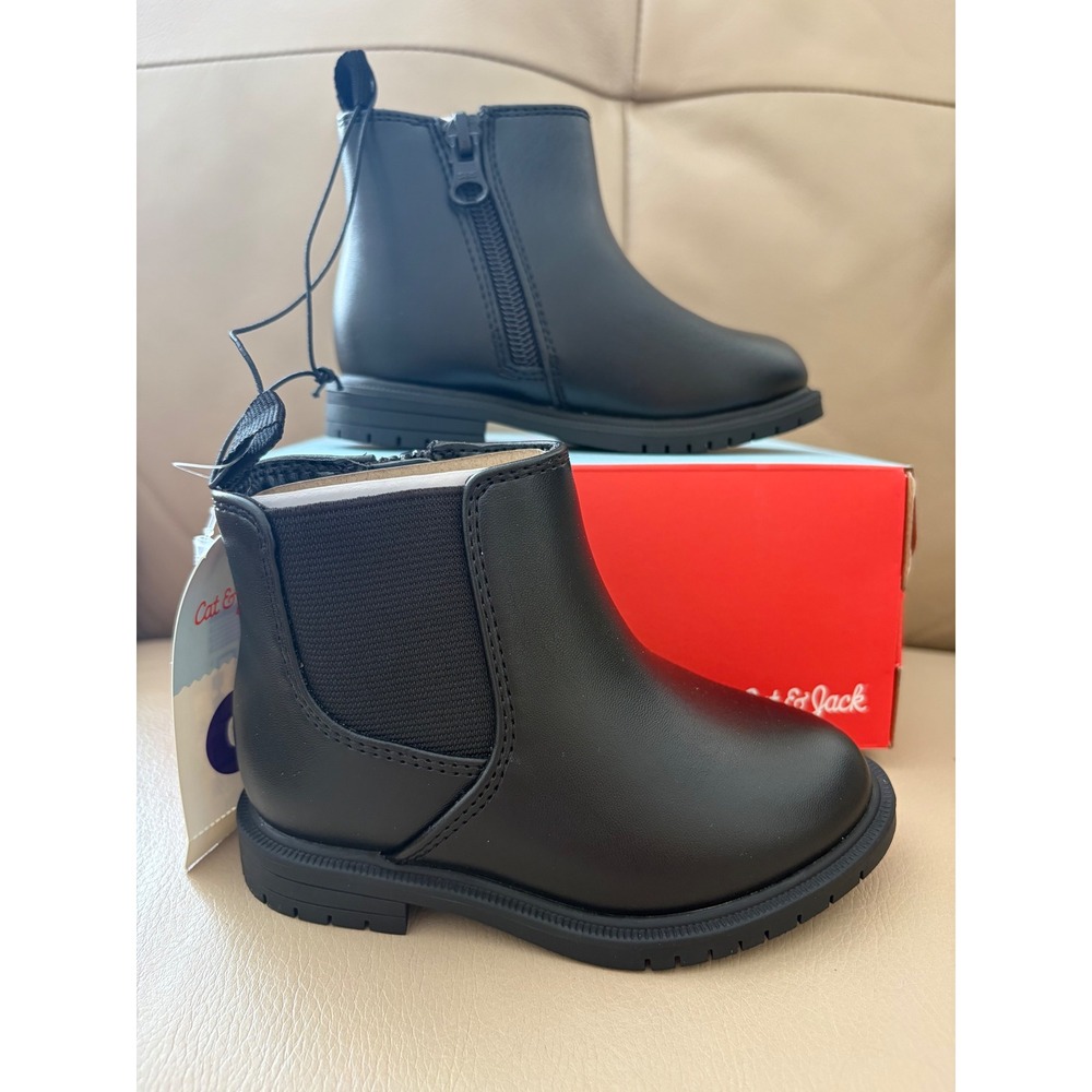 Cat & Jack Tanner Black Toddler Boots Size 6 Side Zip Chelsea Ankle Boots‎ NIB